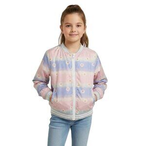 Kidpik Pink/Blue Daisy Floral Print Full Zip Bomber Jacket Size Small (7/8)